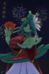 2018 2:3 accessory big_breasts big_hands blue_eyes breasts china chinese_text clothed clothing detailed_background digital_media_(artwork) elemental_creature facial_markings female fireworks flora_fauna flower foreshortening hair_accessory hairpin head_markings hi_res holidays looking_at_viewer markings new_year night not_furry outside plant presenting smile solo standing text yin_song znhc