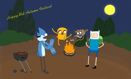 2_toes 4_fingers anthro avian_feet backpack barbecue barefoot beak big_eyes big_head blue_body blue_feathers boots bottomwear campfire candy clothed clothing cooking day dessert feathers featureless_crotch feet fingers fire food footwear full_moon fully_clothed group hands_on_hips holding_object male marshmallow meat micro_calves micro_legs micro_thighs moon narrow_hips night nude on_model on_one_leg open_mouth open_smile outside plant raised_leg shirt shoes shorts sky sleeping_bag smile standing stick t-shirt tail tail_feathers tan_body tan_skin teeth text thigh_gap thin_calves thin_legs thin_thighs toes toony topwear tree unknown_artist adventure_time cartoon_network regular_show finn_the_human jake_the_dog mordecai_(regular_show) rigby_(regular_show) avian bird blue_jay canid canine canis corvid domestic_dog human jay_(bird) mammal new_world_jay oscine passerine procyonid raccoon absurd_res crossover hi_res brother_(lore) brothers_(lore) sibling_(lore)