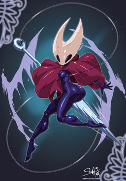 5_fingers anthro breasts butt cloak cloak_only clothing exoskeleton female fingers hornet's_needle melee_weapon pose red_cloak red_clothing solo text weapon white_text solfei hollow_knight_(franchise) team_cherry hornet_(hollow_knight) arthropod hi_res signature url