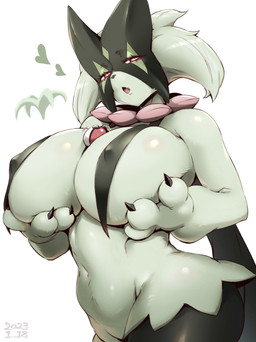 anthro belly big_breasts big_butt breast_curtains breasts butt claws female female_anthro holding_breast huge_breasts navel nipple_outline open_mouth pokeball red_eyes side_boob slightly_chubby solo thick_thighs tongue under_boob wide_hips misumismith nintendo pokemon felid feline generation_9_pokemon mammal meowscarada pokemon_(species) absurd_res hi_res