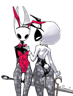 anthro backless_clothing backless_leotard bare_back big_butt black_body black_clothing black_eyes black_leotard bow_tie bunny_costume butt clothing costume cuffs_(clothing) duo empty_eyes fake_ears fake_rabbit_ears female holding_object holding_weapon leotard pink_bow_tie pink_clothing pink_leotard simple_background weapon white_background white_body white_eyes wide_hips shantysixix hollow_knight:_silksong hollow_knight_(franchise) team_cherry hornet_(hollow_knight) lace_(hollow_knight:_silksong) arthropod insect hi_res