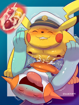 anthro blue_body blush bodily_fluids clothing duo erection eyes_closed genitals hat headgear headwear hug male male/male moobs nipples overweight overweight_male penis sex simple_background sweat yellow_body dober nintendo pokemon captain_pikachu generation_1_pokemon generation_3_pokemon marshtomp pikachu pokemon_(species) 2026 hi_res