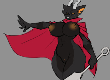 anthro big_breasts biped breasts cleavage clothed clothing dark_body dark_fur female fur grey_background hornet's_needle orange_accents reaching_out simple_background solo weapon domantantrum hollow_knight_(franchise) mythology team_cherry cygwin_(doenonsense) hornet_(hollow_knight) dracarinus dragon mythological_creature mythological_scalie scalie hi_res