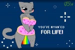 anthro bedroom_eyes blush breasts cleavage clothed clothing dialogue dress female food food_print looking_at_viewer multicolored_clothing narrowed_eyes rainbow rainbow_clothing rainbow_trail seductive simple_background smile solo space tail text thewill nyan_cat_(copyright) pop-tarts nyan_cat domestic_cat felid feline felis mammal english_text letterbox meme