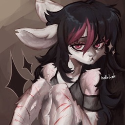 abstract_background anthro dejected fur gore hair highlights_(coloring) long_hair scar scars_all_over self-harm self-harm_scars solo white_body white_fur caesarus lagomorph leporid mammal rabbit 1:1 absurd_res hi_res nonbinary_(lore)