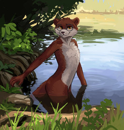 ambiguous_gender anthro beautiful_background biped brown_body brown_fur casual_nudity eyewear eyewear_only fur glasses glasses_only grass lake log looking_at_viewer markings nude nude_anthro outdoor_nudity outside partially_submerged plant round_ears round_glasses snout solo tail wearing_glasses whiskers white_markings wood yellow_eyes tazal mammal mustelid otter digital_media_(artwork) digital_painting_(artwork) english_description hi_res painting_(artwork)