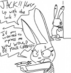 2016 angry anthro black_and_white bodily_fluids buckteeth clothed clothing dialogue disney duo english_text female fully_clothed fur holding_object jack_savage judy_hopps lagomorph leporid line_art long_ears mammal monochrome open_mouth plantigrade rabbit ranged_weapon simple_background speech_bubble sweat teeth text the_weaver weapon white_background yelling zootopia