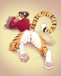 4_toes anthro anus black_stripes bottomless bottomless_anthro bottomless_female brown_hair butt clothed clothing fangs feet female fur genitals hair looking_at_viewer looking_back looking_back_at_viewer lying on_front orange_body orange_fur pawpads paws raised_tail red_clothing red_sweater red_topwear sabertooth_(anatomy) smile solo striped_body striped_fur stripes sweater sweater_only tail teeth toes topwear topwear_only turtleneck vulva smileeeeeee alex_marx felid mammal pantherine tiger 2024 hi_res story story_at_source story_in_description