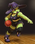 5_fingers anthro athletic_wear ball basketball basketball_(ball) basketball_uniform black_bottomwear black_clothing black_knee_pads black_shorts bodily_fluids bottomwear breasts clothed clothed_anthro clothed_female clothing collar countershading female female_anthro fingers footwear green_body green_face green_skin hat headgear headwear knee_pads midriff motion_lines narrowed_eyes non-mammal_breasts noseless purple_clothing purple_footwear purple_hat purple_headwear purple_shoes purple_tongue shoes shorts smile solo spiked_collar spiked_hat spikes sportswear sweat tongue tongue_out topwear uniform witch_hat conditional_dnp sonokido vincenza_(frogjr) amphibian frog 2024 absurd_res digital_media_(artwork) full-length_portrait hi_res portrait