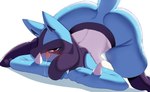 anthro ass_up blue_body blue_fur blush bodily_fluids breasts drooling female fur jack-o'_pose licking licking_lips licking_own_lips pose saliva self_lick solo tongue tongue_out faeki nintendo pokemon canid generation_4_pokemon lucario mammal pokemon_(species) 2021