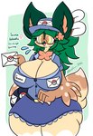 anthro big_breasts bottomwear breasts clothing delivery_(commerce) delivery_employee feathers female green_hair hair letter postal_carrier postal_delivery shirt skirt solo thick_thighs topwear yellow_eyes lewdchuu_(artist) nintendo pokemon fauna_(lewdchuu) decidueye deerling generation_5_pokemon generation_7_pokemon hybrid pokemon_(species) summer_deerling hi_res