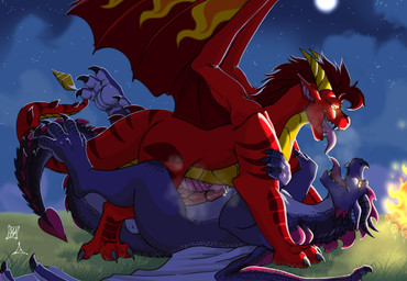 bodily_fluids claws duo feet feral fire frottage genital_fluids genitals grass horn male male/male moon night paws penile penis penises_touching plant precum purple_body purple_scales red_body red_scales saliva scales sex striped_body stripes tail tongue tongue_out wings yellow_eyes lazaxus mythology blayz_(blayzdarktemptation) slurpee_(dragonslurp) dragon mythological_creature mythological_scalie scalie absurd_res hi_res