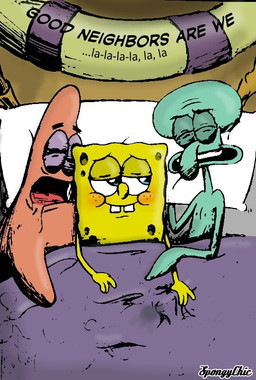 4_fingers anthro bed bedding blanket blue_eyes blush eyes_closed fingers furniture green_body group inside looking_aside male male/male on_bed pink_body text under_covers yellow_body spongychic nickelodeon spongebob_squarepants patrick_star spongebob_squarepants_(character) squidward_tentacles aquatic asteriid asterozoan cephalopod coleoid echinoderm giant_pacific_octopus mollusk octopodiform octopus pink_sea_star pisaster sea_sponge starfish english_text lol_comments source_request