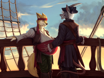 anthro bandana_on_head bandanna_on_forehead belly big_belly eyewear fur glasses grey_body grey_fur male pirate pirate_hat pregnant pregnant_anthro pregnant_male ship_deck sunrise tan_body tan_fur birdaftermidnight jamie_(delsol) server_dingo canid canine canis dingo mammal murid murine rat rodent hi_res