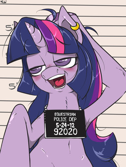 blush chart drunk ear_piercing female feral fur hair hanging_sign height_chart horn jail_placard mugshot multicolored_hair number piercing placard purple_body purple_eyes purple_fur purple_hair sign simple_background solo substance_intoxication text tongue two_tone_hair mcic friendship_is_magic hasbro my_little_pony mythology twilight_sparkle_(mlp) equid equine mammal mythological_creature mythological_equine unicorn 2012 3:4 english_text hi_res