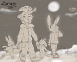 2020 ambiguous_gender anthro aralyre canid canine clothed clothing coat disney fennec_fox finnick_(zootopia) fox fully_clothed fur group hand_holding hi_res hoodie ice_skating inktober judy_hopps lagomorph leporid looking_at_another mammal monochrome nick_wilde open_mouth outside rabbit red_fox signature smile topwear true_fox young young_anthro zootopia