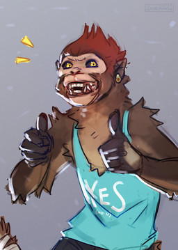 anthro arm_tuft black_sclera brown_body brown_fur ear_piercing fangs fur glistening glistening_eyes grey_background hair looking_at_viewer male open_mouth open_smile piercing red_hair shoulder_tuft simple_background smile solo teeth tuft yellow_eyes lostgoose haplorhine mammal monkey primate 2022 half-length_portrait hi_res portrait