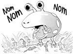 ambiguous_gender baalbuddy black_and_white blue_pikmin bulborb_(pikmin) elemental_creature english_text eyestalks feral flora_fauna flower grass greyscale group hi_res humor leaf lying monochrome nintendo not_furry on_front open_mouth panicking pikmin pikmin_(species) plant red_pikmin shaded sound_effects spotty_bulborb text vore yellow_pikmin