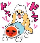 :3 ambiguous_gender blush clothing drum duo hat headgear headwear heart_symbol hunched_over male male/ambiguous musical_instrument no_pupils percussion_instrument simple_background text tongue tongue_out bandai_namco taiko_no_tatsujin don_wada inu_wada animate_inanimate canid canine mammal japanese_text