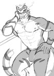 abs anthro bulge clothing fur jockstrap male muscular muscular_anthro navel nipples pecs solo striped_body striped_fur stripes superhero underwear visor chuurow lifewonders live_a_hero rexer felid mammal pantherine tiger absurd_res hi_res monochrome sketch