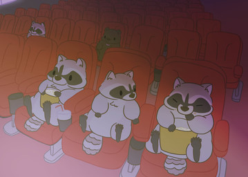 anthro black_eyes chair chibi detailed_background dot_eyes eating food furniture group inside movie_theater popcorn simple_eyes sitting slightly_chubby yuswith2354 bear mammal procyonid raccoon 2022 hi_res