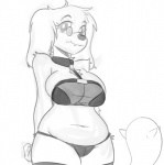 anthro big_breasts bikini breasts cleavage clothed clothing collar eyewear female fur glasses slightly_chubby solo swimwear two-piece_swimsuit reiduran friendship_is_magic hasbro my_little_pony chalk_(driker) canid diamond_dog_(mlp) mammal greyscale monochrome