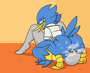 2_toes ambiguous_gender anthro anus avian_feet beak blue_body blue_feathers bodily_fluids bottomless butt butt_sniffing butt_squish carpet clothed clothing crouching degradation dialogue dirty_talk duo eyes_closed eyewear facesitting feathers feet fingers glasses grey_body grey_skin half-closed_eyes hand_on_butt human_on_anthro inside interspecies looking_pleasured lying male male/ambiguous musk narrowed_eyes nose_to_anus on_back on_top open_beak open_mouth open_smile pink_anus scent_play shirt sitting sitting_on_another smelly smile smirk smug sniffing sound_effects speech_bubble squish steam straddling sweat sweatdrop sweaty_butt sweaty_face tail tail_feathers talons text toes tongue topwear topwear_only yellow_beak not_a_furfag deltarune undertale_(series) anon berdly avian bird human mammal absurd_res digital_drawing_(artwork) digital_media_(artwork) english_text hi_res