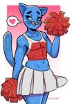 anthro blue_body blue_eyes blue_fur blue_tail blush bodily_fluids bottomwear cheerleader clothed clothing crop_top crossdressing femboy fur heart_symbol male navel nipple_outline open_mouth pom_poms shirt simple_background skimpy skirt smile solo standing sweat tail tenting thick_thighs topwear sin_bruh cartoon_network the_amazing_world_of_gumball gumball_watterson domestic_cat felid feline felis mammal 2019 digital_media_(artwork) hi_res