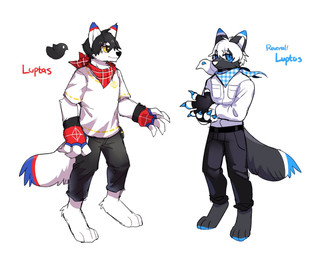 anthro black_body black_bottomwear black_clothing black_fur black_hair black_nose black_pants blue_body blue_claws blue_eyes blue_fur blue_kerchief blue_neckerchief bottomwear claws clothed clothing duo front_view fur hair kerchief looking_at_viewer male mouth_closed narrowed_eyes neckerchief neckwear pants red_body red_fur red_kerchief red_neckerchief shirt simple_background standing t-shirt topwear unsigned white_background white_body white_clothing white_fur white_hair white_kerchief white_neckerchief white_nose white_shirt white_t-shirt white_topwear yellow_eyes asnnonaka luptas_(asnnonaka) canid canine canis mammal wolf hi_res