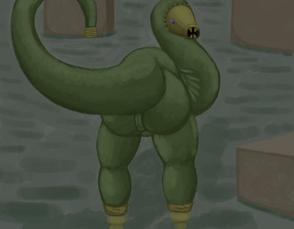 animal_genitalia armless big_butt big_tail butt female feral flessi_(worldeats) for_a_head genitals green_body huge_butt looking_at_viewer looking_back nude open_mouth pink_eyes presenting presenting_hindquarters shallow_water sharp_teeth solo tail teeth thick_thighs vulva water worldeaterart alien animate_inanimate monster object_head scalie digital_media_(artwork) hi_res