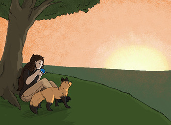 ambiguous_gender beverage black_body black_clothing black_fur black_nose black_shirt black_topwear bottomwear brown_hair clothing container cup detailed_background digitigrade drinking duo eyes_closed female female_human feral fur grass hair holding_container holding_cup holding_mug holding_object humanoid_hands khaki_pants long_hair mug orange_body orange_fur outside pants plant shirt sitting sky snout standing sunset tail tan_bottomwear tan_clothing tan_pants topwear tree sebdoggo canid canine fox human mammal red_fox true_fox 2011 aliasing cel_shading digital_drawing_(artwork) digital_media_(artwork) microsoft_paint_(artwork) shaded