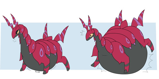 air_inflation antennae_(anatomy) belly belly_expansion big_belly big_butt black_body black_eyes blue_background border butt expansion eyelashes female feral huge_belly inflation motion_lines multicolored_body red_antennae red_body red_tail rumbling_stomach simple_background solo surprised swelling tail three-quarter_view two_tone_body white_border yellow_sclera boxibloon nintendo pokemon arthropod generation_5_pokemon pokemon_(species) scolipede 2025 absurd_res colored digital_drawing_(artwork) digital_media_(artwork) flat_colors hi_res sequence signature