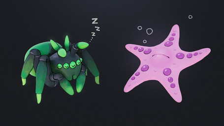 1_eye 4_legs 5_arms 5_eyes ambiguous_feral ambiguous_gender antennae_(anatomy) arthropod_abdomen black_background chibi dipstick_antennae duo ellipsis exoskeleton exoskeleton_markings feral front_view gloves_(marking) green_body green_exoskeleton green_eyes green_markings leg_markings mandibles markings multi_arm multi_eye multi_limb multicolored_antennae pedipalps pink_body purple_markings purple_spots simple_background sleep_bubble sleeping socks_(marking) sound_effects spots text three-quarter_view vowelless vowelless_sound_effect white_text zzz amamidori cc-by-sa creative_commons scp_foundation there_is_no_antimemetics_division scp-3125 arachnid arthropod asterozoan echinoderm marine spider starfish 16:9 2024 color_contrast colored digital_media_(artwork) digital_painting_(artwork) english_description full-length_portrait painting_(artwork) portrait widescreen