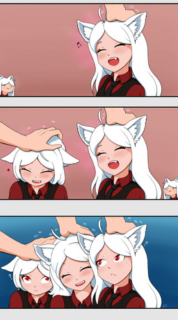 :3 ahoge ambiguous_gender basic_sequence bodily_fluids clothed clothing cute_fangs disembodied_hand emanata fangs female group hair headpat heart_symbol inner_ear_fluff linear_sequence multi_limb musical_note musical_symbol petting question_mark red_clothing red_eyes sweat sweatdrop symbol teeth three_frame_image three_frame_sequence topwear tuft vest what white_hair techmaguskhobotov helltaker cerberus_(helltaker) animal_humanoid canid canid_humanoid canine canine_humanoid demon demon_humanoid humanoid mammal mammal_humanoid hi_res letterbox sequence