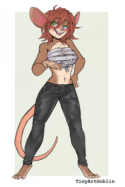 4_toes 5_fingers anthro athletic athletic_anthro athletic_female barefoot big_breasts biped black_bottomwear black_clothing black_pants blush blush_lines border bottomwear breasts brown_body chest_wraps claws clothed clothed_anthro clothed_female clothing countershade_face countershade_torso countershading eye_through_hair eyebrow_through_hair eyebrows feet female female_anthro finger_claws fingers front_view green_eyes grey_background hair hairless_tail humanoid_hands long_tail looking_up medium_hair midriff monotone_hair multicolored_body navel nipple_outline open_mouth open_smile outside_border pants pink_blush pink_inner_ear pink_nose pink_tail pupils red_eyebrows red_hair shirtless shirtless_anthro shirtless_female simple_background slim slim_anthro slim_female slit_pupils smile solo standing tail tan_body tan_countershading teeth text toe_claws toes translucent translucent_hair white_border white_claws white_sclera wraps tinyartgoblin mammal mouse murid murine rodent 2024 artist_name digital_media_(artwork) full-length_portrait hi_res portrait