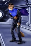 anthro blood bodily_fluids clothing gun male pain ranged_weapon science_fiction solo space spacecraft uniform vehicle weapon wounded conditional_dnp moodyferret captain_stryker jonathan_stryker mammal mink mustelid musteline true_musteline digital_media_(artwork) hi_res shaded