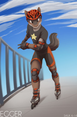 anthro armor black_body black_fur bottomwear brown_body brown_fur clothing cloud elbow_pads fingerless_gloves fur gloves grey_eyes handwear headgear helmet inline_skates knee_pads looking_at_viewer male outside roller_skates shirt shorts skating sky smile solo star_(mario_bros) star_print star_print_topwear topwear shiuk mario_bros nintendo egger chipmunk ground_squirrel mammal rodent sciurid 2014 absurd_res hi_res