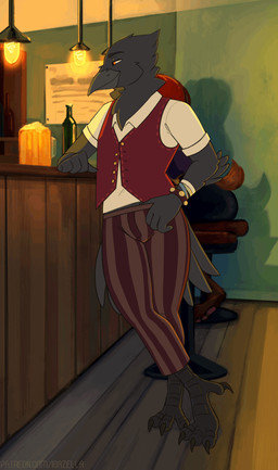 anthro arm_support beak biped bottomwear clothed clothing duo eyebrows feathers feet light looking_at_viewer male orange_eyes pants pattern_bottomwear pattern_clothing pattern_pants solo_focus standing striped_bottomwear striped_clothing striped_pants stripes tail tail_feathers talons teasing toes topwear igazella enlas avian bird corvid corvus_(genus) oscine passerine raven 2022 2d_animation animated digital_media_(artwork) frame_by_frame hi_res shaded