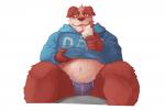 5_fingers anthro biped bulge clothing fingers food fur hoodie male overweight overweight_anthro overweight_male simple_background sitting solo tongue tongue_out topwear underwear white_background lowerkuo canid canine mammal 2015