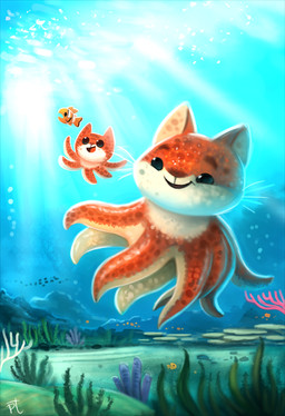 age_difference ambiguous_gender beady_eyes black_eyes duo feral humor open_mouth pun seaweed size_difference smile tentacles underwater visual_pun water whiskers piper_thibodeau anthozoan aquatic cephalopod clownfish cnidarian coleoid coral domestic_cat felid feline felis fish hybrid mammal mollusk octopodiform pomacentrid digital_media_(artwork) digital_painting_(artwork) painting_(artwork)