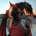 1:1 2021 anthro black_hair blurred_background clothed clothing day detailed_background digital_media_(artwork) dragon european_mythology hair hi_res horn male membrane_(anatomy) membranous_wings mythological_creature mythological_scalie mythology outside red_eyes scalie sky smile solo wayn_animation western_dragon wings