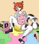 abdl ageplay anthro black_markings bodily_fluids clothed clothing crossdressing diaper front_view genital_fluids hair infantilism looking_at_viewer male markings object_in_mouth orange_eyes orange_hair pacifier pacifier_in_mouth plushie roleplay sitting solo spread_legs spreading unclean_diaper urine used_diaper wearing_diaper wet_diaper white_body white_diaper riddlr canid mammal artist_name hi_res