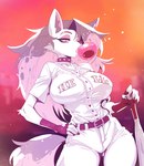 anthro baseball_bat baseball_uniform bat_(object) belt big_breasts blowing_bubble_gum breasts clothing collar female fingerless_gloves gloves hand_on_hip handwear solo spiked_collar spikes sportswear standing tail thick_thighs uniform wide_hips snoozysoozyy helluva_boss mythology loona_(helluva_boss) canid canid_demon canine demon hellhound mammal mythological_canine mythological_creature absurd_res hi_res