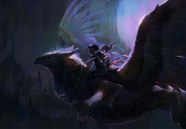 beak black_hair blonde_hair feathered_wings feathers female feral flying fur group hair harness male mount red_eyes reins rider riding simple_background wings neboveria mythology avian gryphon human mammal mythological_avian mythological_creature 2016 digital_media_(artwork) digital_painting_(artwork) painting_(artwork)