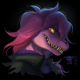 anthro clothed clothed_anthro clothed_female clothing female hair looking_at_viewer pupils purple_body purple_hair purple_scales scales sharp_teeth simple_background slit_pupils smile solo teeth yellow_eyes yellow_teeth antanariva deltarune undertale_(series) susie_(deltarune) dinosaur prehistoric_species reptile scalie headshot_portrait hi_res portrait