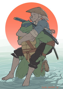 anthro carrying_another duo male melee_weapon ninja piggyback samurai simple_background smile sword warrior water weapon turtle-sketches teenage_mutant_ninja_turtles usagi_yojimbo leonardo_(tmnt) miyamoto_usagi lagomorph leporid mammal rabbit reptile scalie turtle crossover hi_res source_request