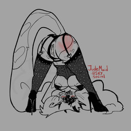 anthro big_breasts blush bodily_fluids breasts clothed clothing female footwear fur genital_fluids genitals hair hand_print heart_symbol high_heels horn leaking_vagina lingerie markings pose shoes simple_background smile solo tail vulva lovecore mythology wayne_(lovecore) felid feline mammal mythological_creature digital_media_(artwork) hi_res monochrome trans_(lore) trans_man_(lore)