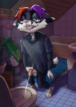 anthro balls bathroom bathtub bodily_fluids bottomless clothed clothing foreskin genital_fluids genitals male peeing penis plant solo standing toilet toilet_use towel urine watersports furryporky canid canine fox mammal absurd_res hi_res