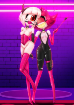 1_eye ball_gag boots clothing collar corset dominatrix duo female female/female footwear freckles gag gloves handwear jumpsuit lingerie pale_skin sharp_teeth shoes size_difference smaller_female teeth topwear pixelboy hazbin_hotel hellaverse niffty_(hazbin_hotel) suzie_(wheatly101) cyclops humanoid imp 2024 absurd_res digital_media_(artwork) hi_res
