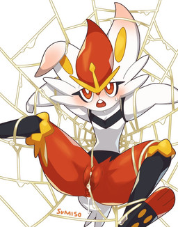 blush camel_toe ear_blush female genitals immobilization pussy_floss restrained solo spider_web spread_legs spreading sticky stuck_in_web vulva sumiso nintendo pokemon cinderace generation_8_pokemon pokemon_(species) hi_res source_request unavailable_at_source
